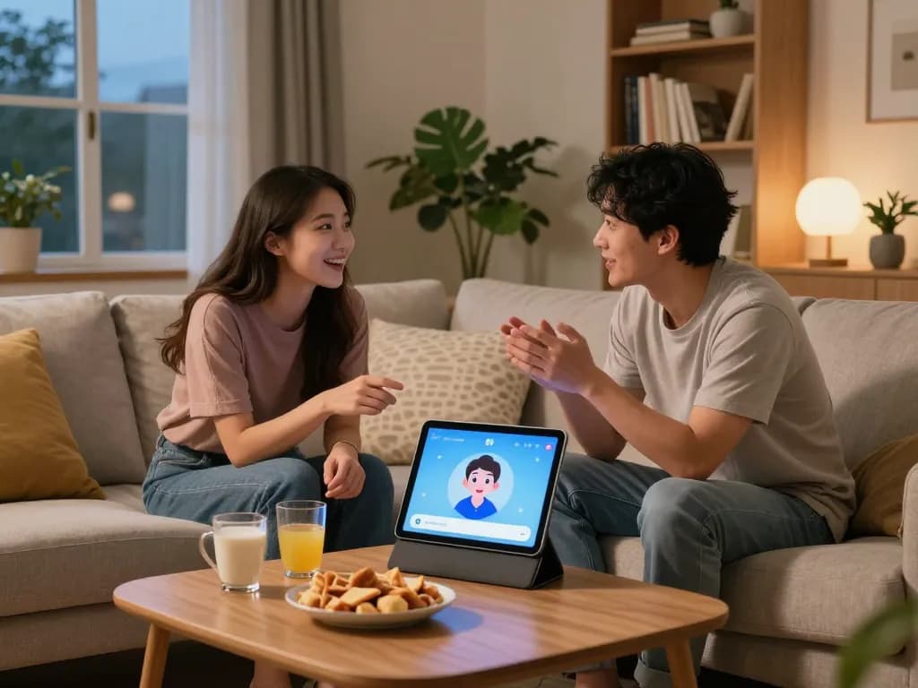 Couple enjoying 18+ AI chat in a cozy living room setting with intimate atmosphere.