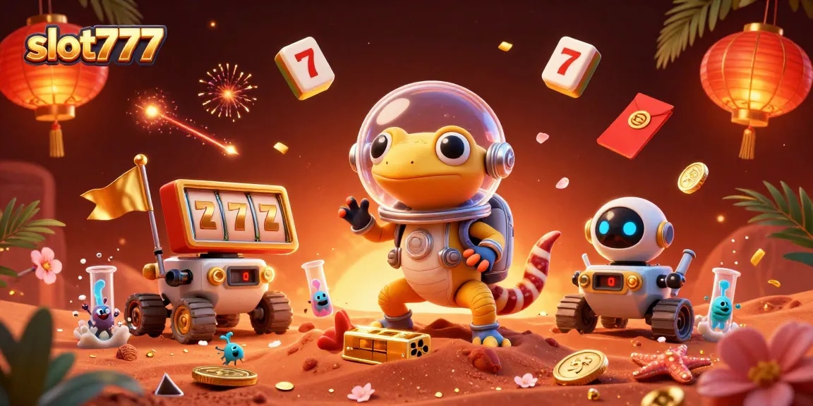 Experience big wins at slot777 with a Martian gecko, slot reels, and vibrant casino elements.