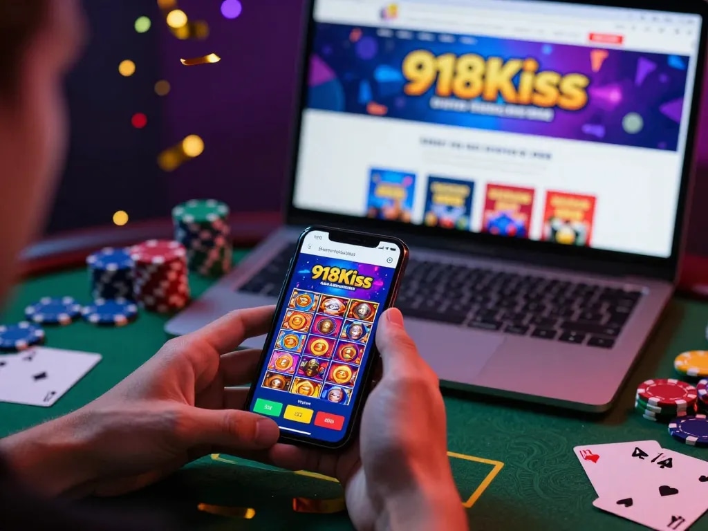 Engaging gaming scene showcasing a player using the 918Kiss app, emphasizing free credit on a smartphone amidst vibrant casino elements.