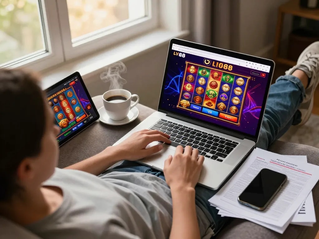 Player enjoying online LV88 slots on a laptop while sipping coffee in a cozy home setting