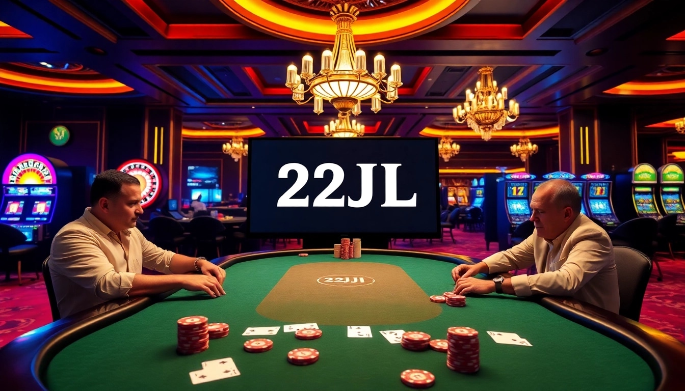 Engaging players at a 22JL poker table amidst a luxurious casino setting.