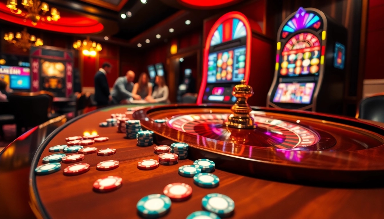 Casino gaming excitement showcased at trang chủ nohu90 with roulette, poker chips, and vibrant slot machines.
