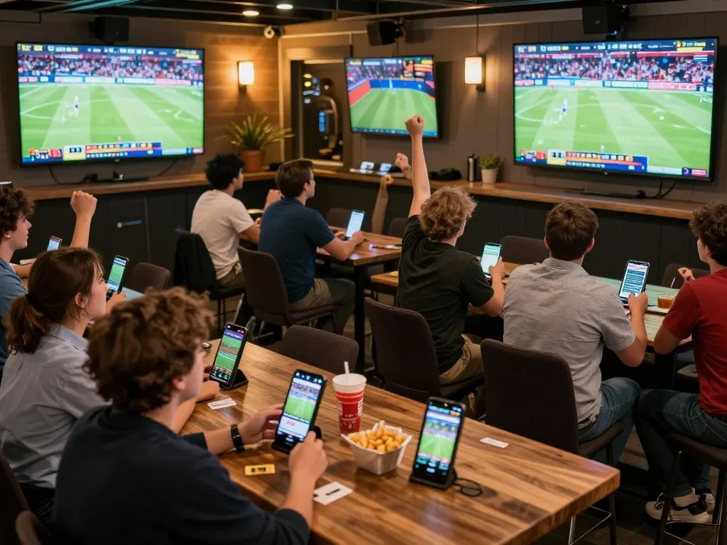 23vn23 users actively engaging in sports betting at a vibrant outdoor lounge.