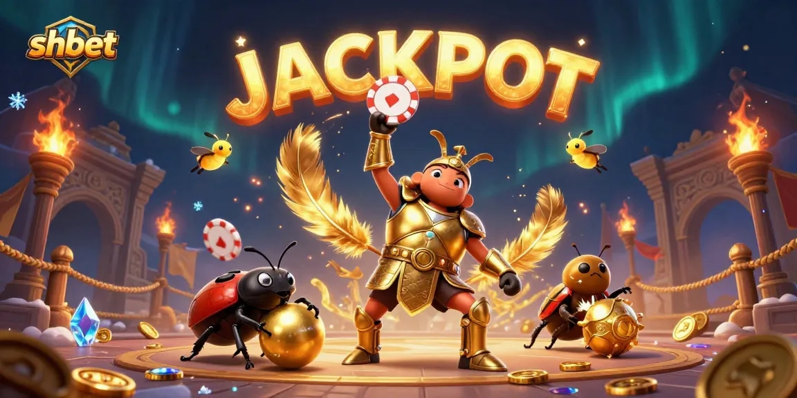 Join the excitement at SHBET as a heroic beetle lifts a poker chip, celebrating a jackpot!