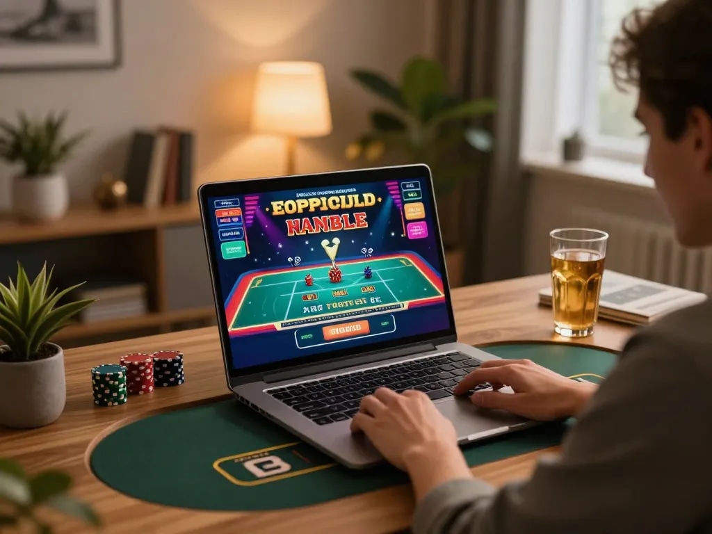 Player engaging with dn88 live dealer table game on laptop in cozy gaming space