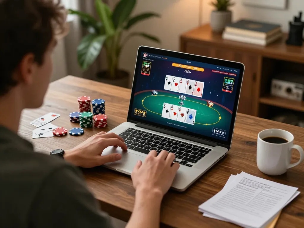 NET88 poker game interface shown during an online gaming session, highlighting responsible gambling.