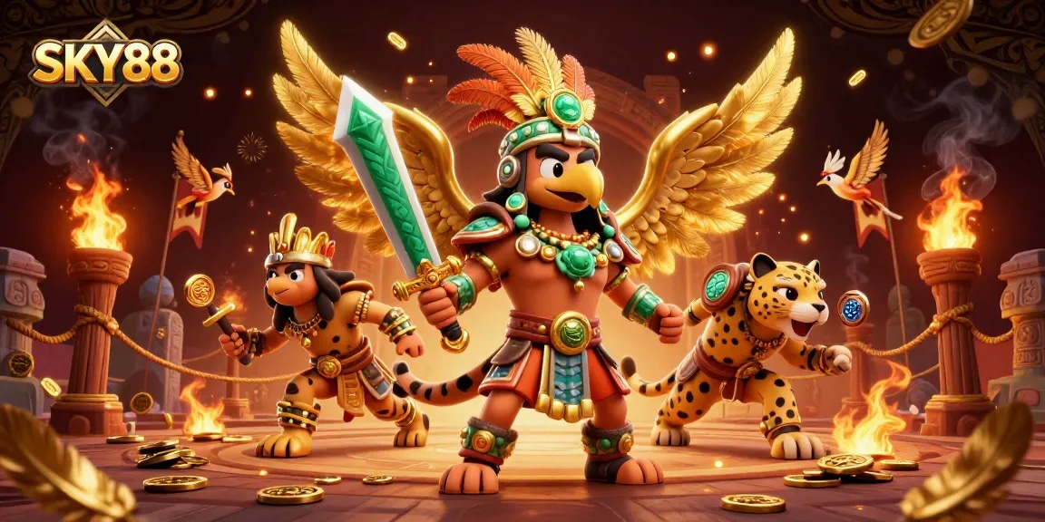 Experience exciting betting action on SKY88 with a fierce Aztec warrior and dynamic casino elements.