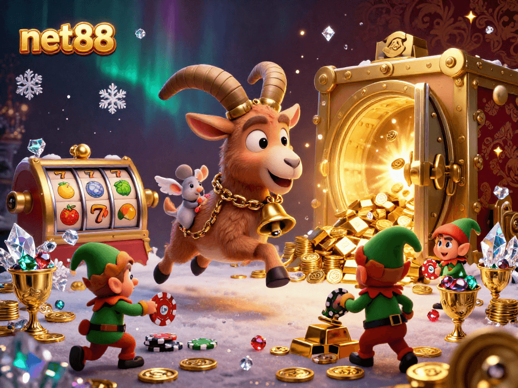Experience the thrill of net88 with a festive casino scene featuring a Krampus goat and mischievous elf gremlins.