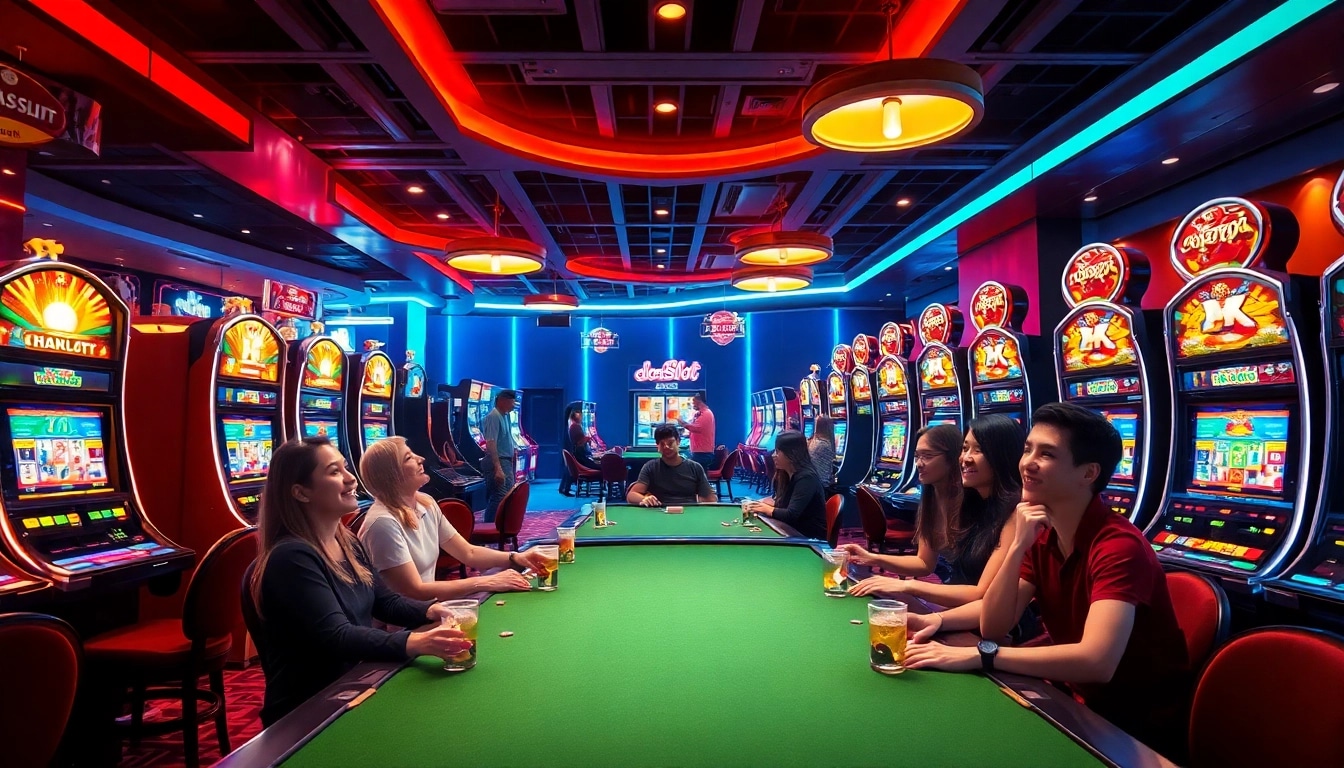 Dynamic scene of players engaging with doaslot slot machines in a luxurious casino atmosphere.