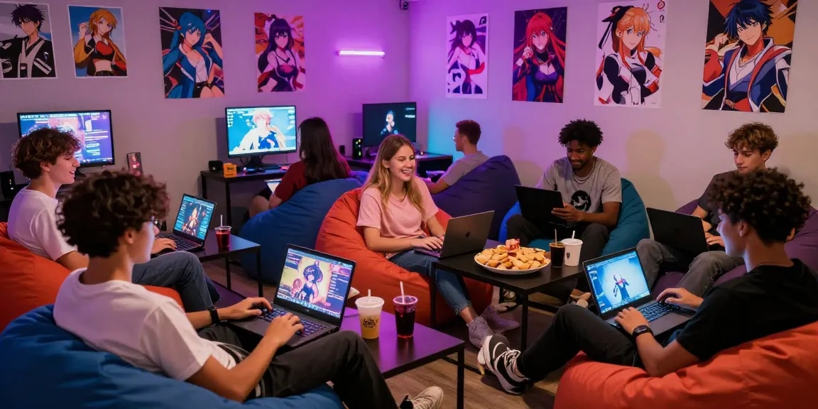 Engaged gamers enjoying ecchi games in a vibrant lounge atmosphere.