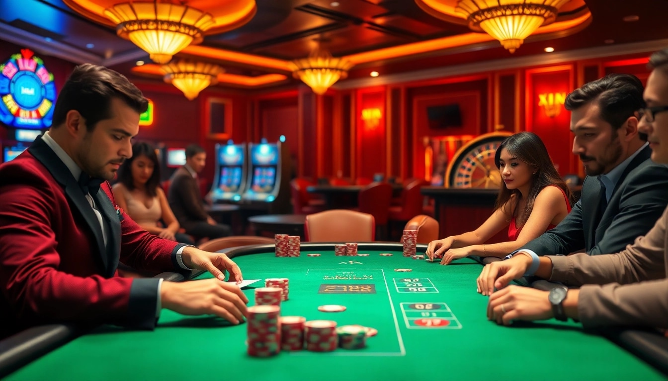 Exciting casino scene featuring XX88.AI with vibrant poker games and slot machines.