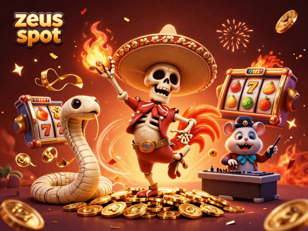 Experience the excitement of zeus slot with vibrant 3D characters celebrating on a jackpot of golden coins and slot reels.