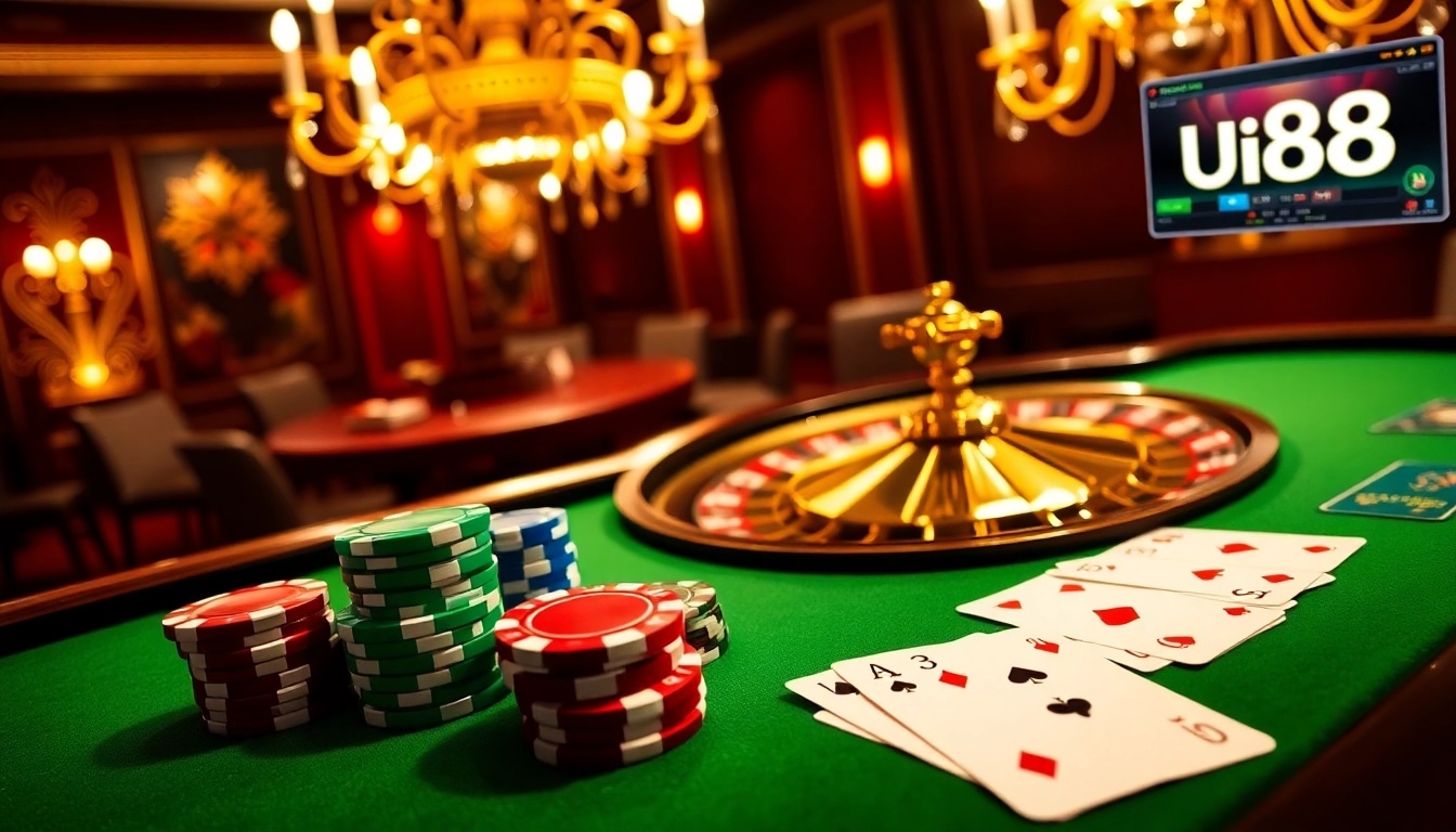 Engaging players at a luxurious table with diverse chips and cards in the thrilling uu88 game experience.