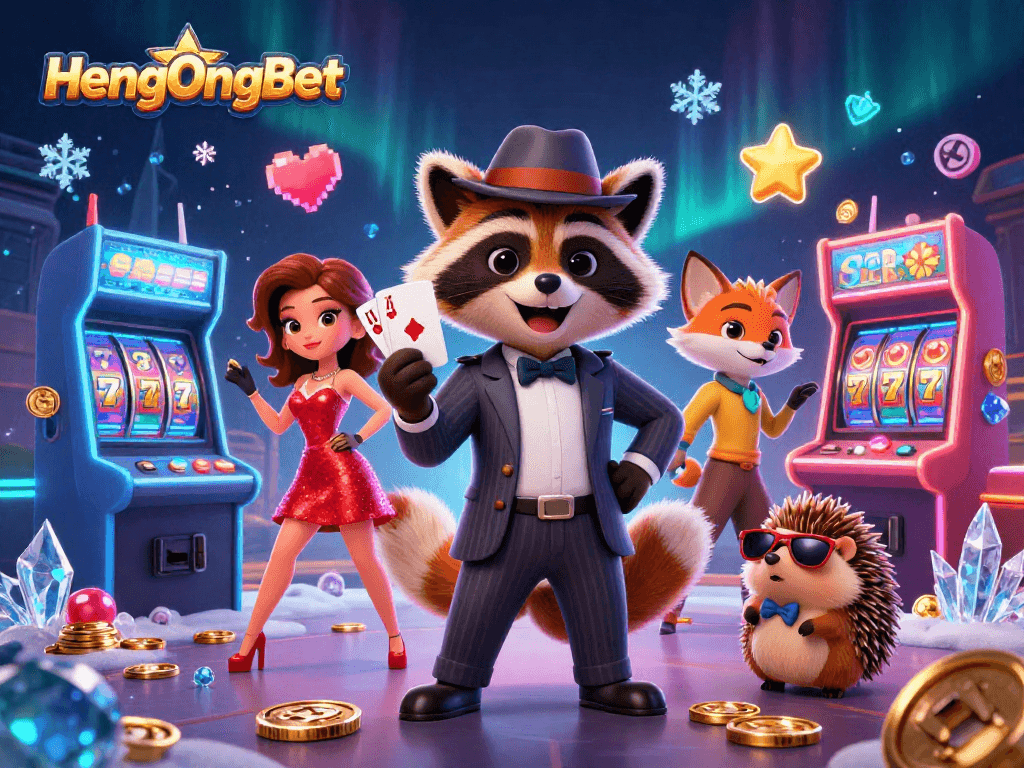 Experience the thrill of winning at HengOngBet with a cartoon raccoon and fox in a vibrant casino scene.