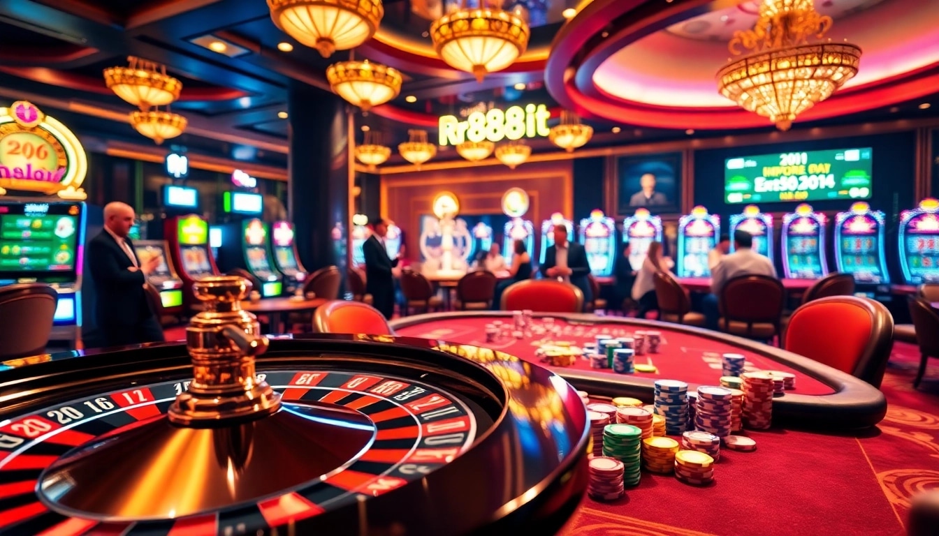 Rr88it players enjoying a vibrant casino atmosphere with roulette and poker games.