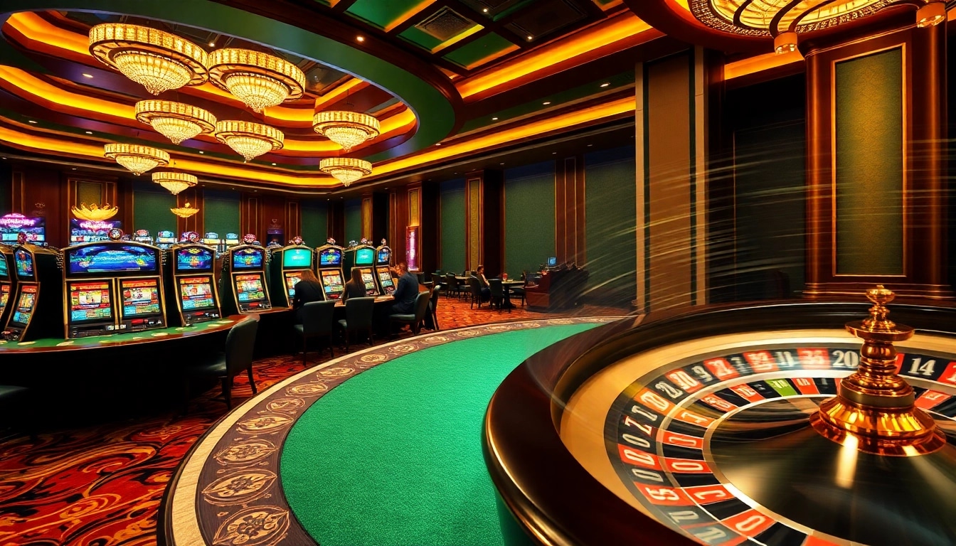 MM88 players enjoying the thrill of poker and slot machines in a vibrant casino setting.