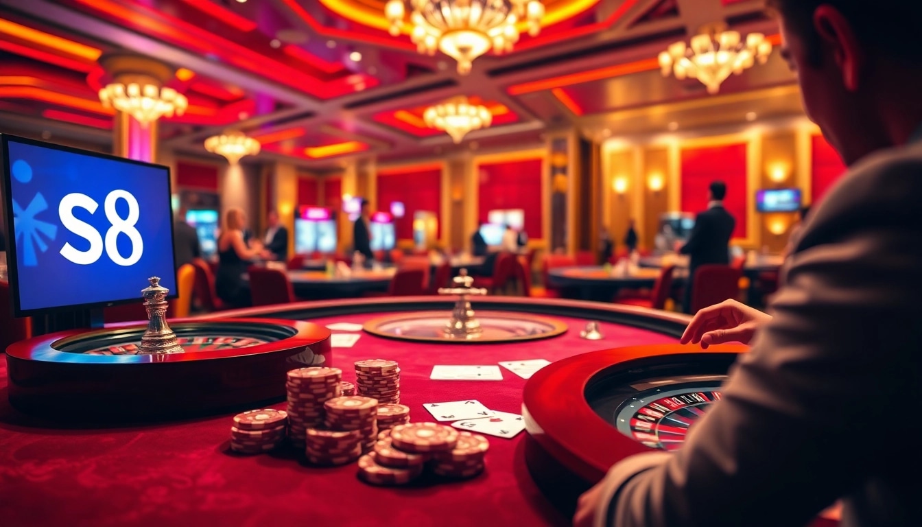 S8 casino players engaging at a vibrant poker table with chips and cards.