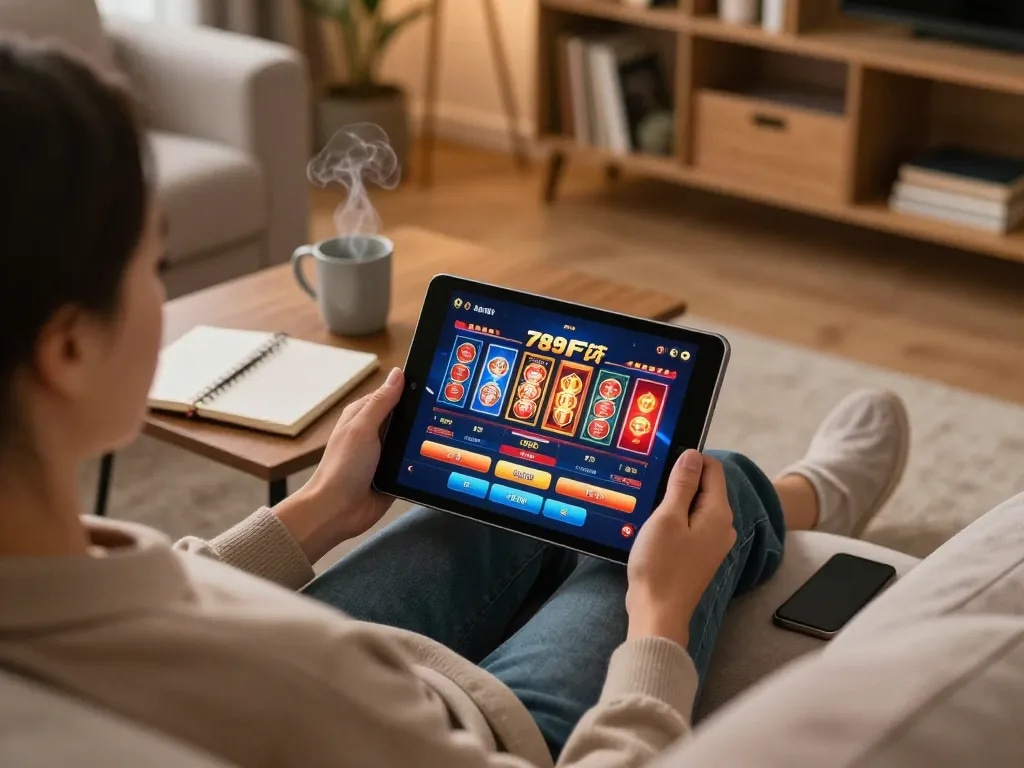 Person enjoying online casino gaming with 789F on tablet, showcasing responsible gaming atmosphere