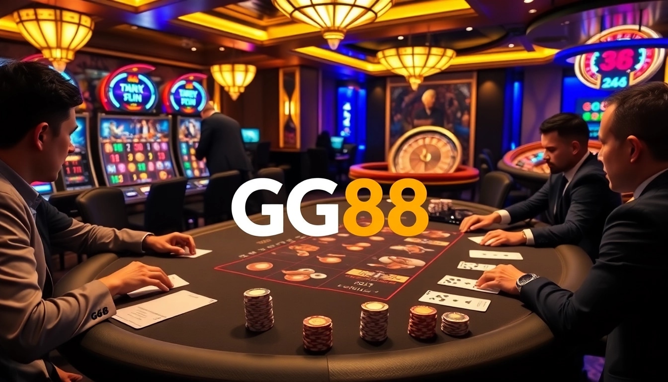 Play poker with GG88 at a luxurious casino table surrounded by exciting slot machines.