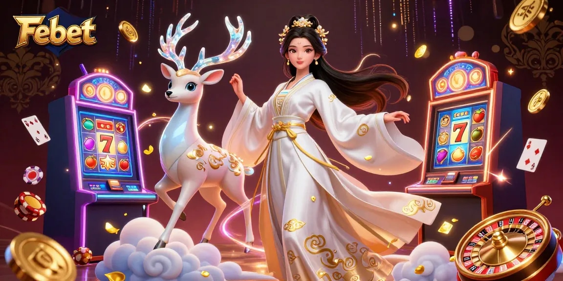 Play exciting slot games with Febet's vibrant, engaging 3D casino scene featuring stunning visuals.