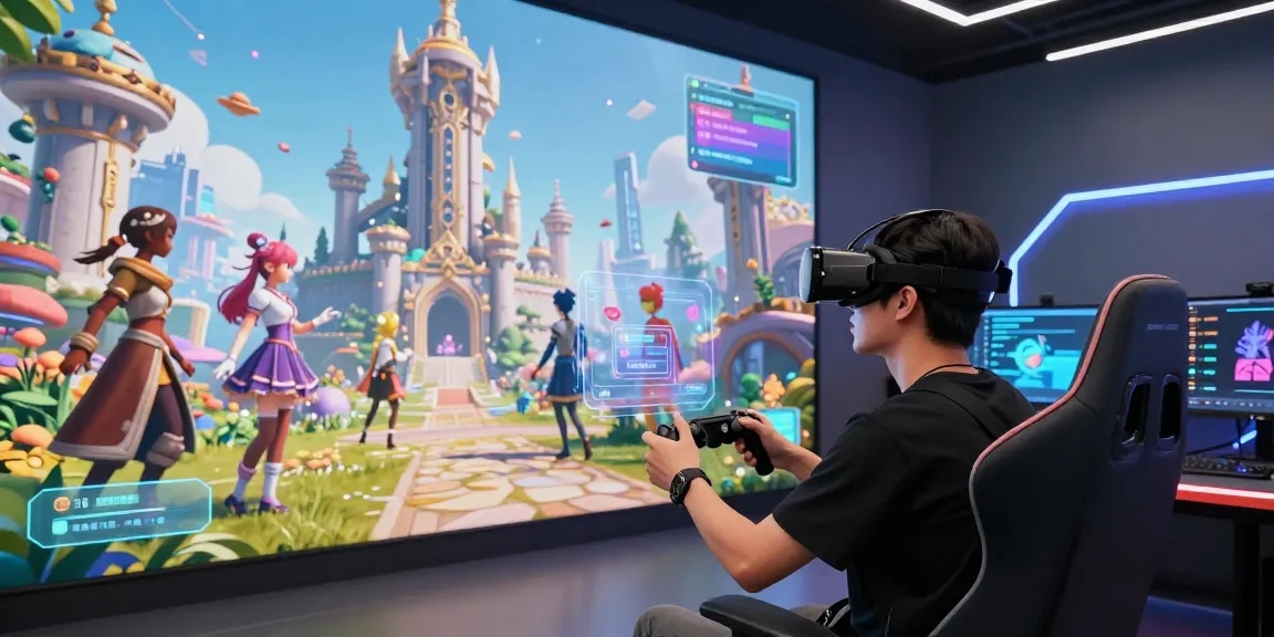 Engaging AI roleplay scene with user immersed in virtual reality, interacting with diverse AI avatars and 3D landscapes.