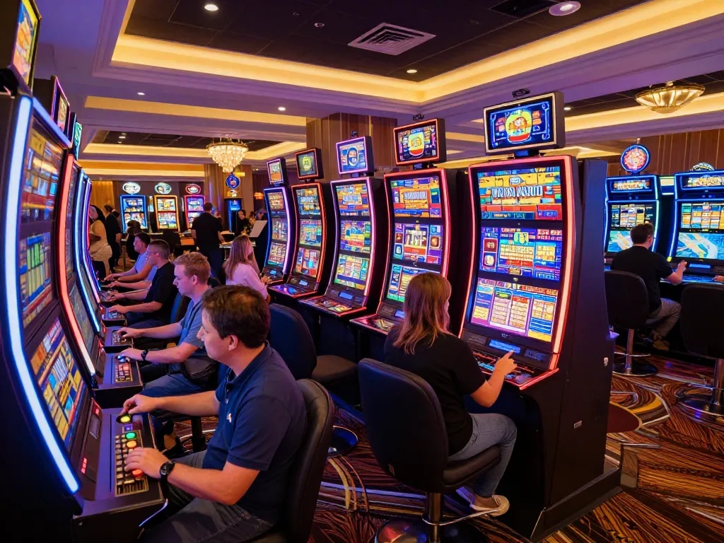 Players enjoying thrilling slot machines at N188 casino, showcasing vibrant graphics and engaging gameplay.