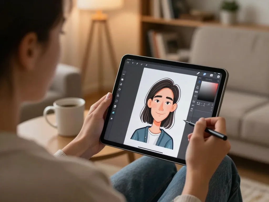 Creating a Chatgpt caricature on a tablet in a cozy living room environment.