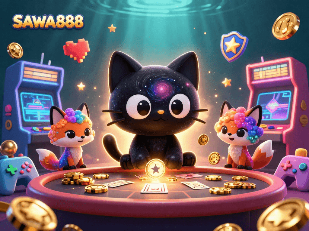 Engage with the thrilling world of SAWA888, where a cosmic cat and fox animate the casino experience.