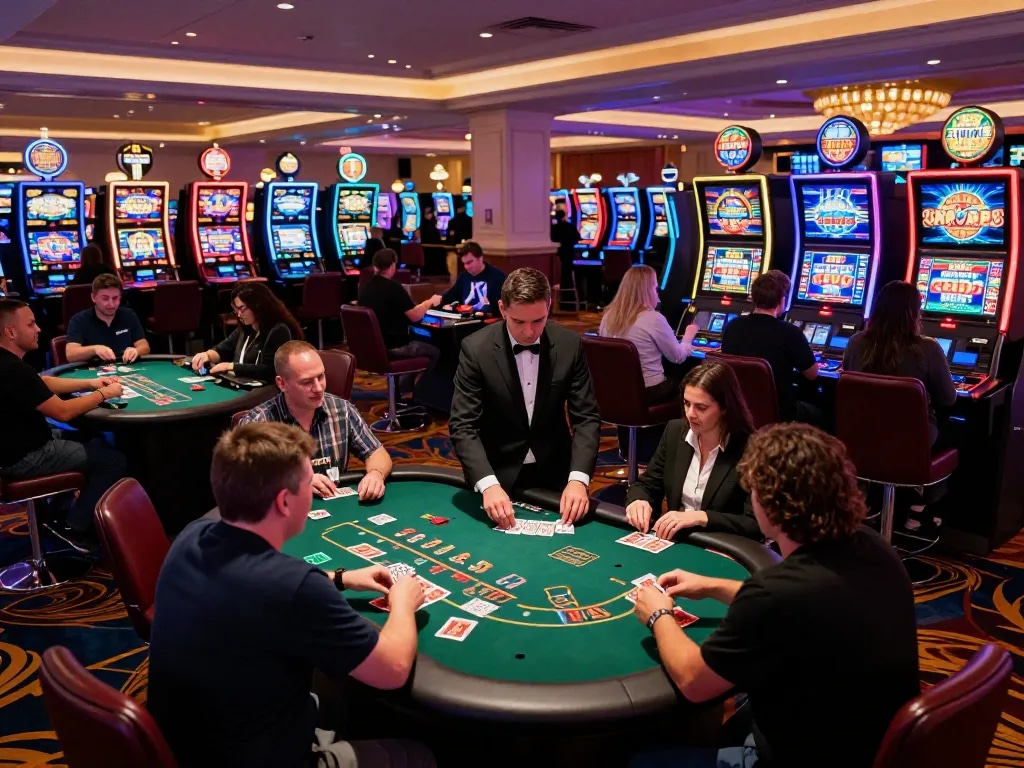 Players enjoying blackjack at MM88 casino, surrounded by vibrant slot machines and thrilling atmosphere.