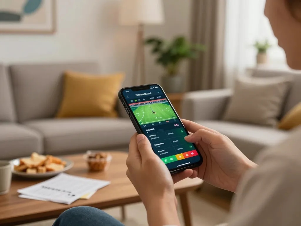 Engaging in online betting at trang chủ 68win with a smartphone in cozy home settings.