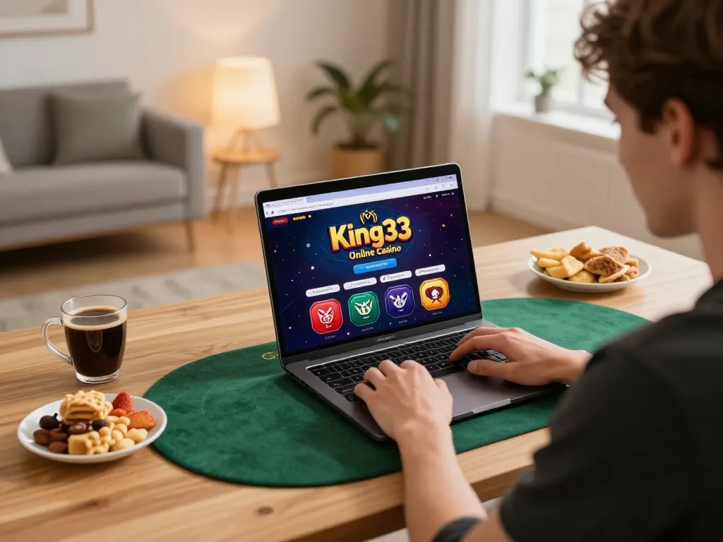 Engaging in strategic online gameplay at king33 casino with a sleek laptop setup and cozy surroundings.