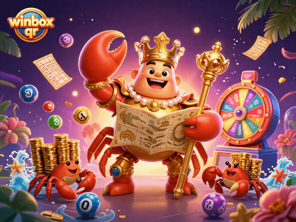 Winbox qr showcases a massive golden crab emperor amidst vibrant gambling elements.