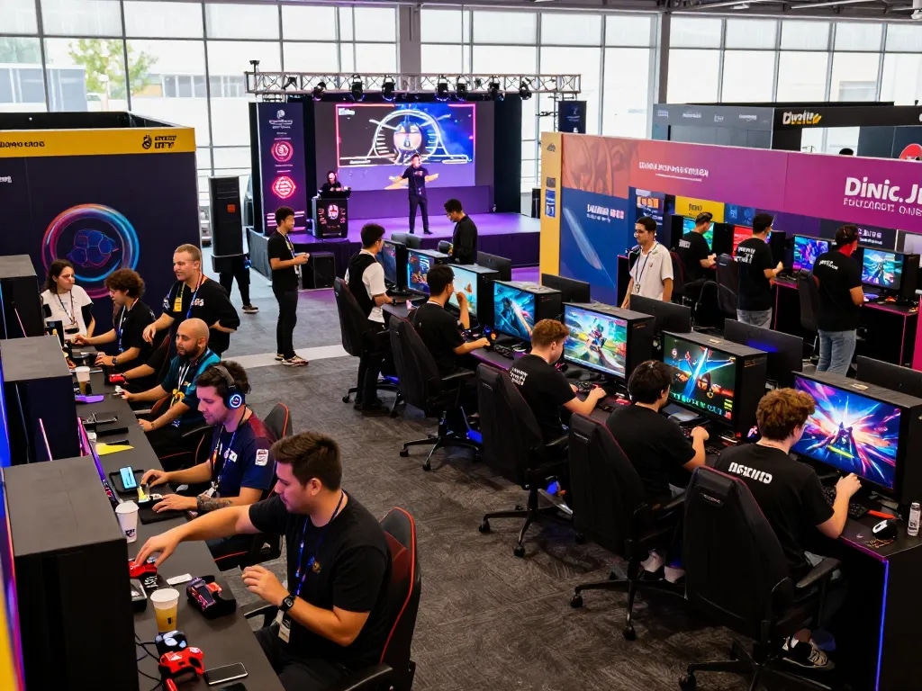 Vibrant gaming festival scene at https://www.gamestoursfestival.com/programme/ with fans engaged in gaming activities and competitions.