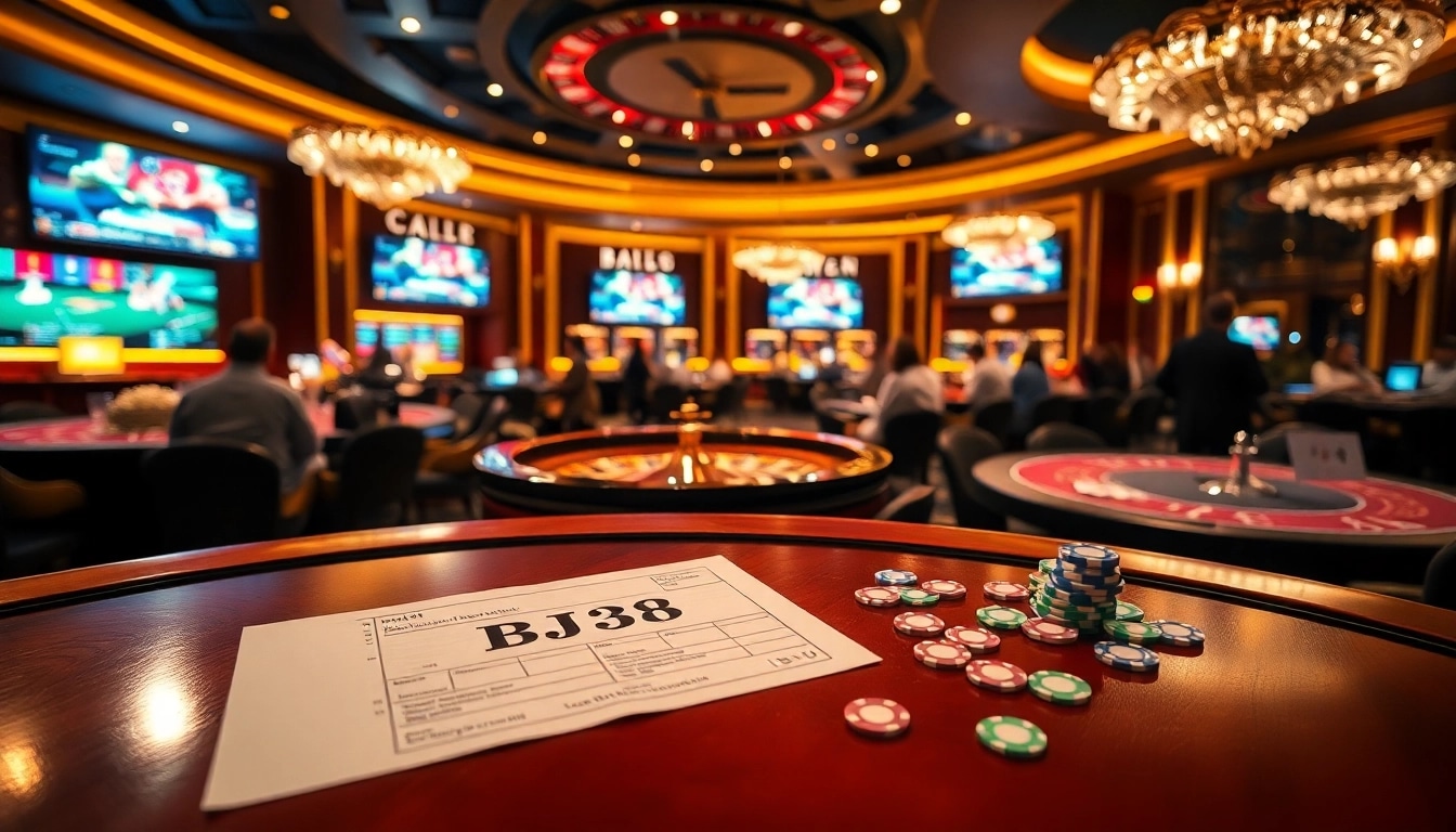 BJ38 players engaging in exciting bets at luxurious casino tables filled with poker chips and cards.