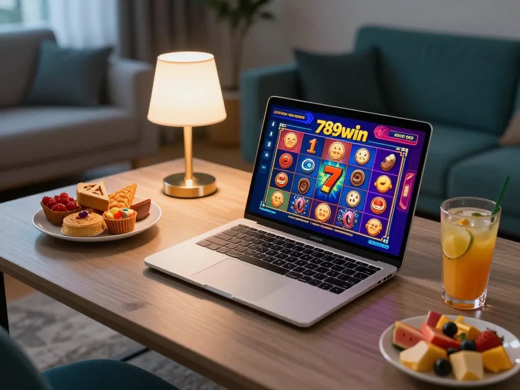 Play vibrant slot games on 789win in a cozy home setup with snacks and drinks.