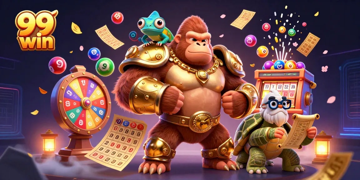 Engage in 99 win excitement with a vibrant casino scene featuring colorful lottery balls and thrilling games.