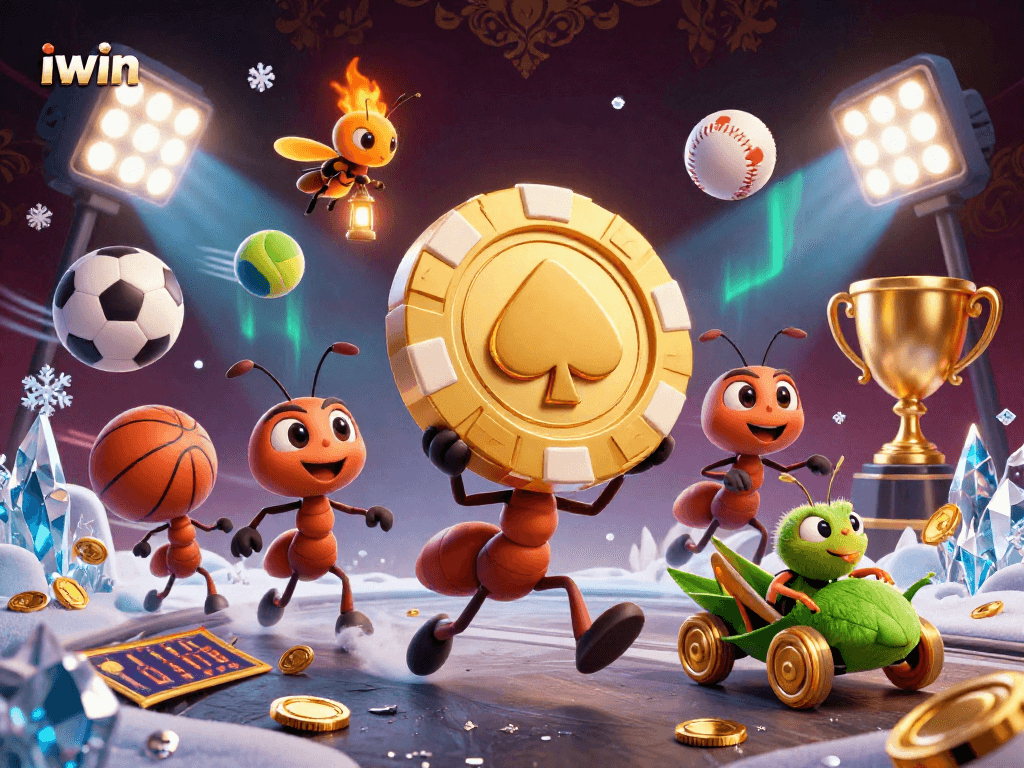 Experience the thrill of iwin with a heist scene featuring cartoon ants, sports elements, and glowing treasures.