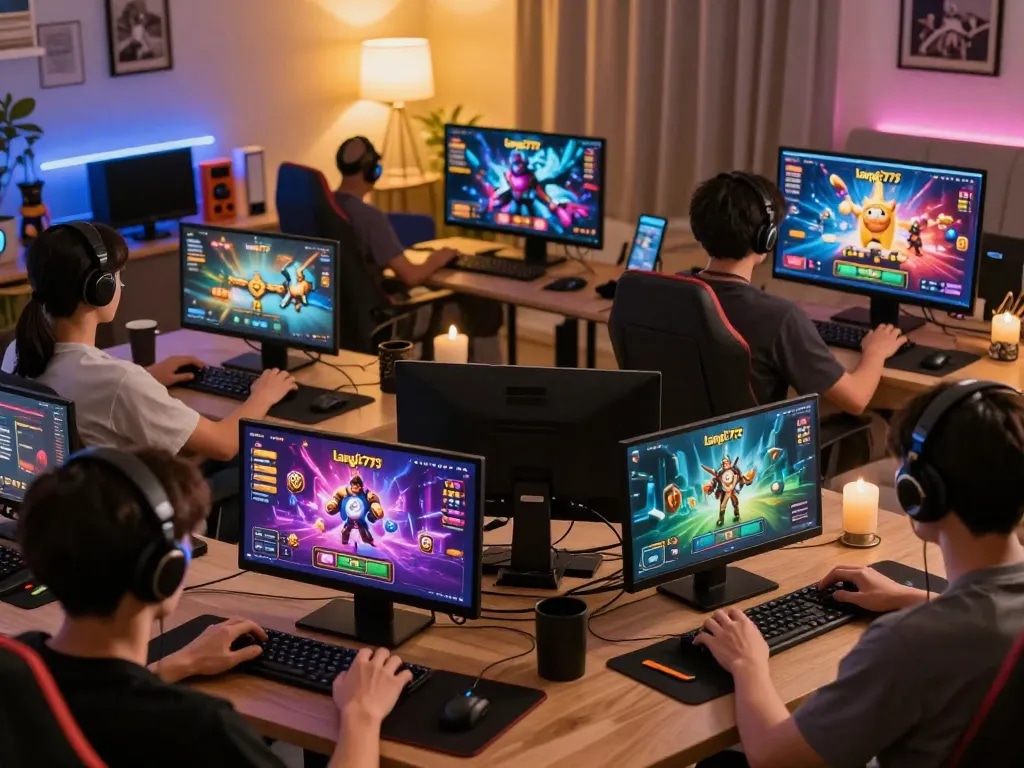 Players enjoying langit777 interface in a cozy home gaming setup during an intense online session.