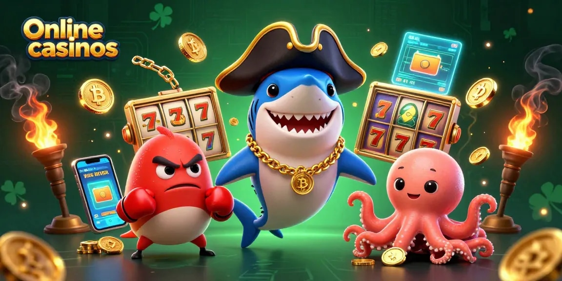 Engage with online casinos in this vibrant 3D illustration featuring a pirate shark and friends.