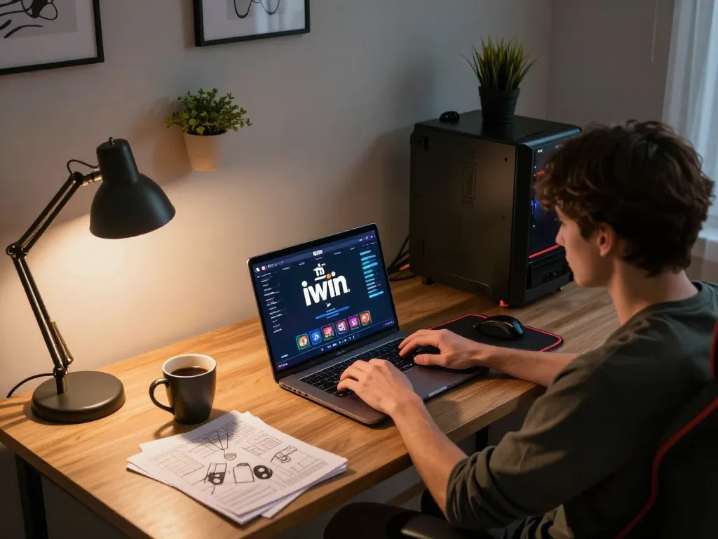 Tải iwin on a laptop as a person engages in strategic online gaming with coffee and notes nearby.