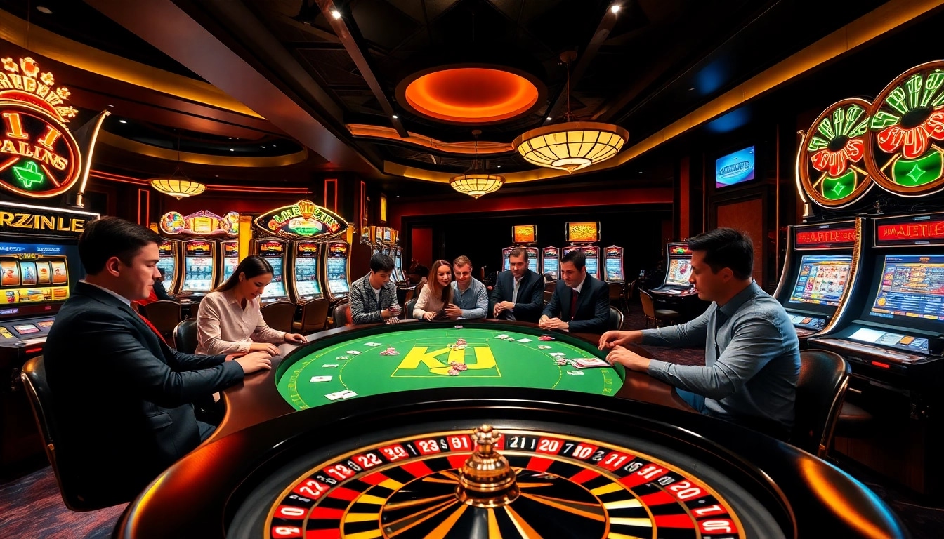 KJC poker players enjoying an exciting game at a vibrant casino table.