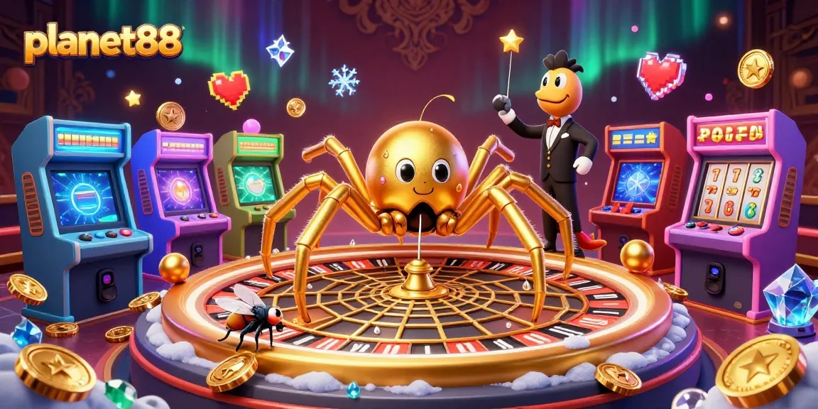 Experience winning spins at planet88's vibrant online casino, featuring a thrilling roulette web and animated characters.