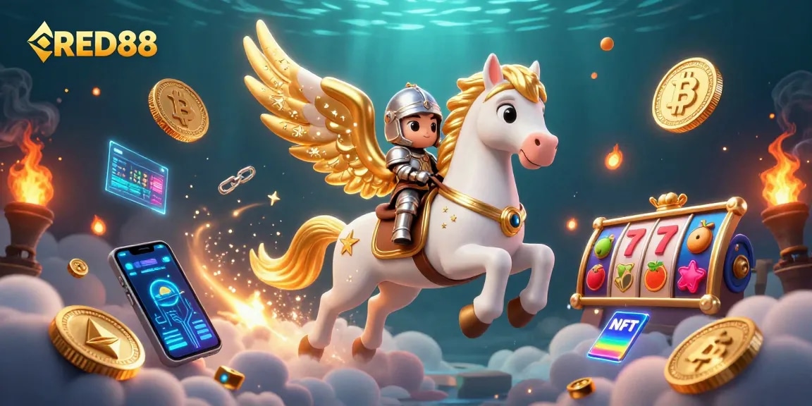 Experience the thrill of RED88 with vibrant slot reels and golden coins in a mystical setting.