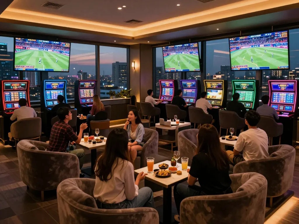 TG88 sports betting excitement in modern lounge with live games on screens