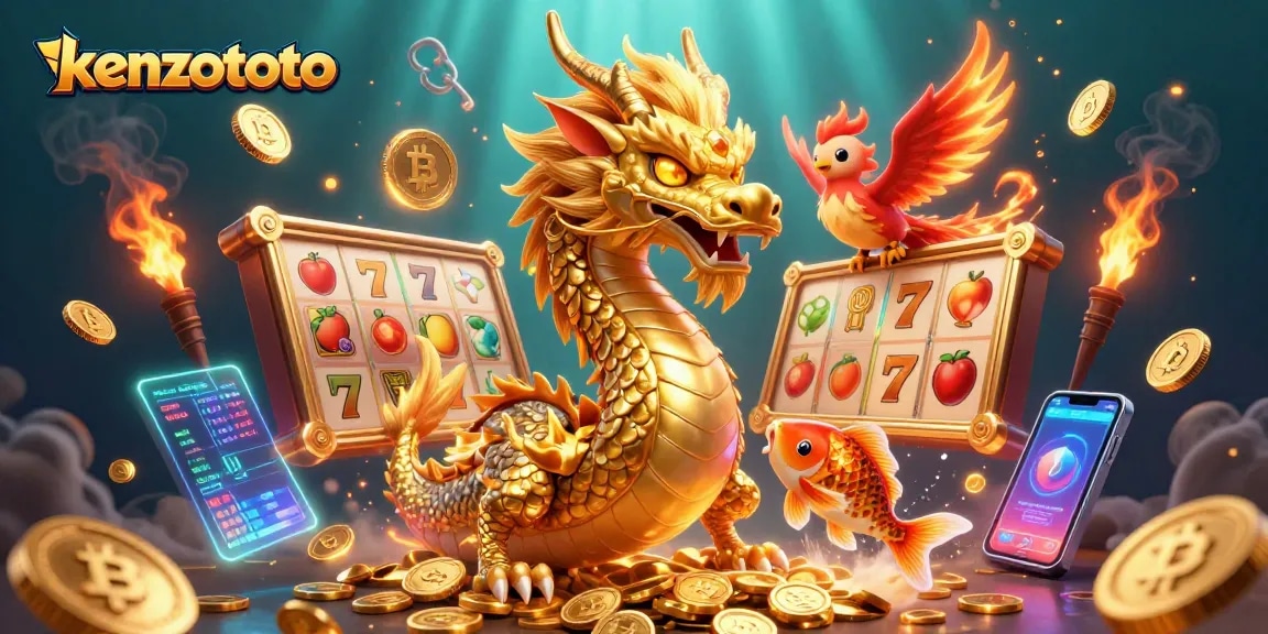 Engage with kenzototo's thrilling slot experience featuring a dragon, phoenix, and koi fish amidst vibrant game elements.