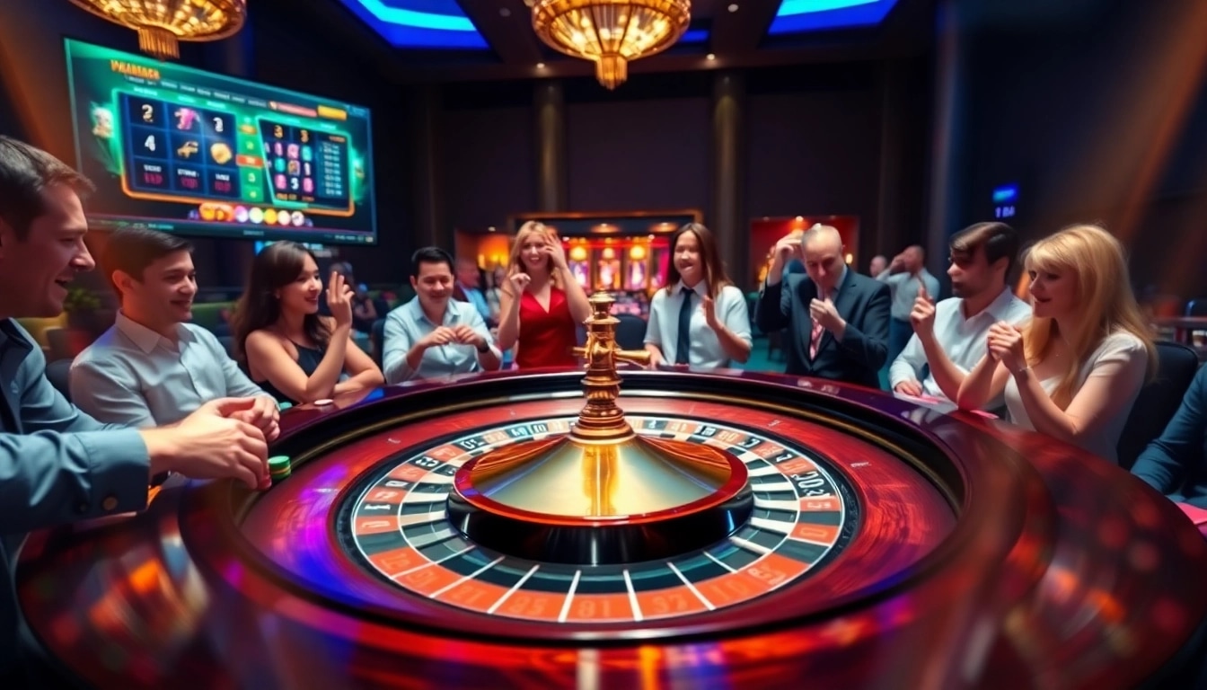 Experience the thrill at 66slots8 com with vibrant casino action featuring a roulette table and excited gamblers.