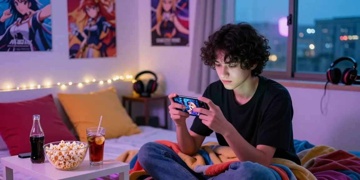 Engaged player enjoying mobile hentai games in a cozy bedroom with ambient lighting.