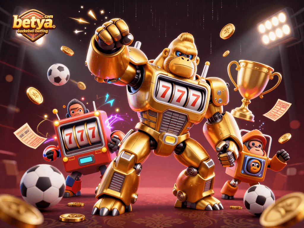 Engage in exhilarating betya.com basketball betting with a dynamic 3D illustration of a golden gorilla mech and sports elements.