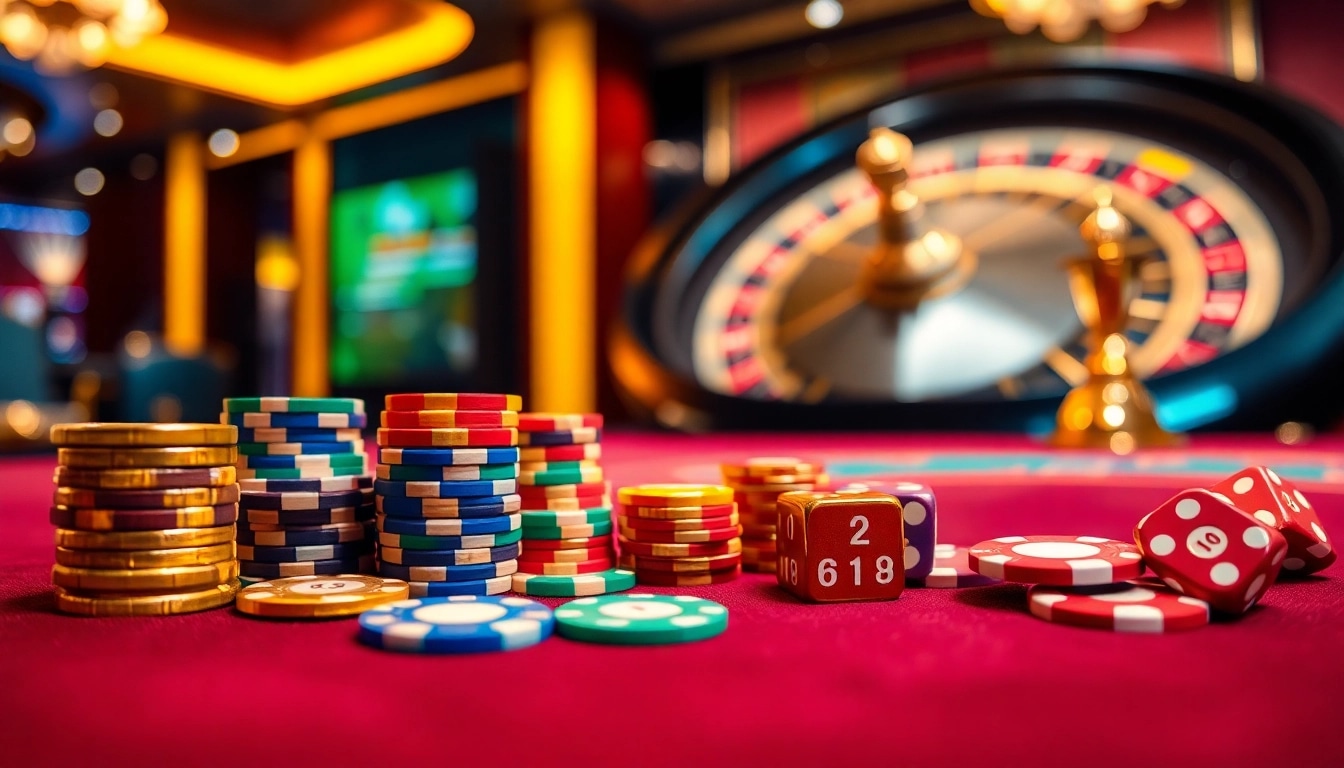 Winning players celebrating success at 13win casino with stacked poker chips and vibrant roulette wheel.