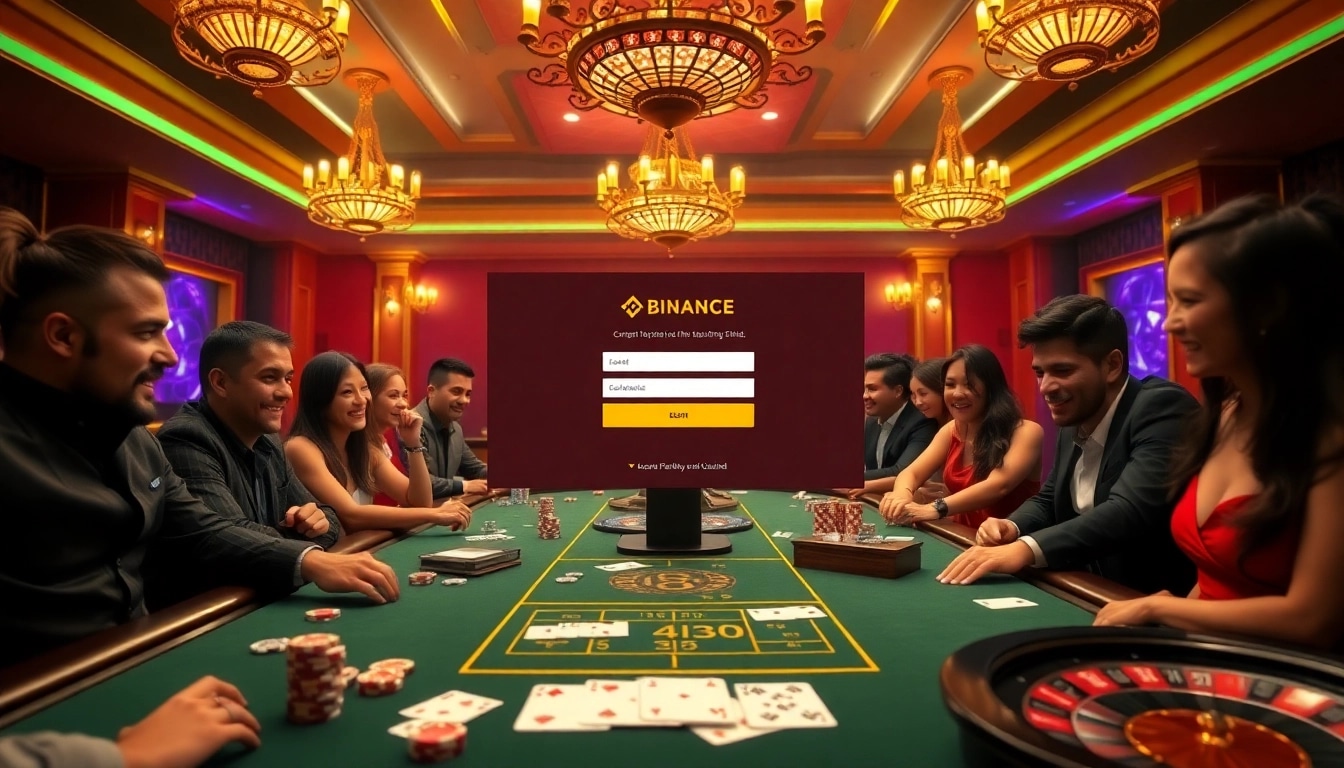 Engaging scene of excited players at a casino table, emphasizing 바이낸스 회원가입 within a vibrant gambling atmosphere.